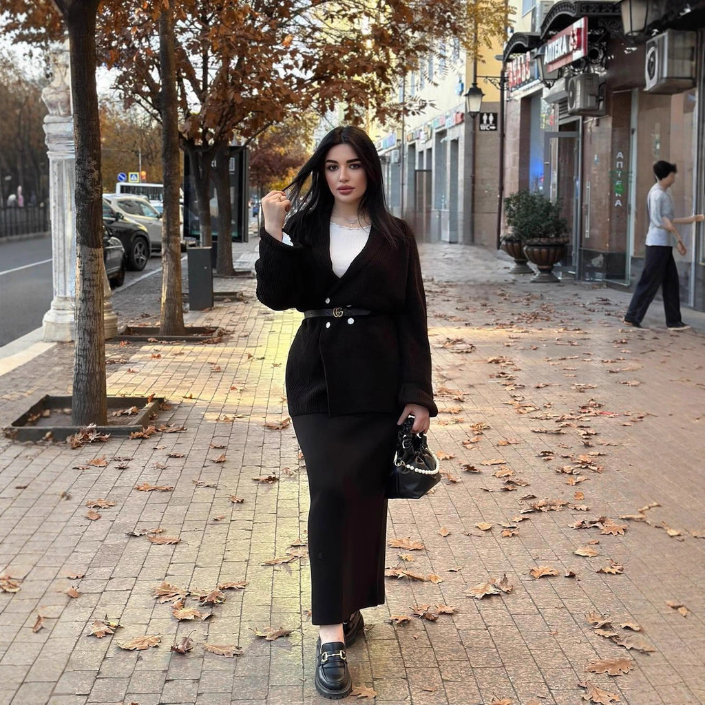 Button Sweater Jacket And Sheath Skirt Set