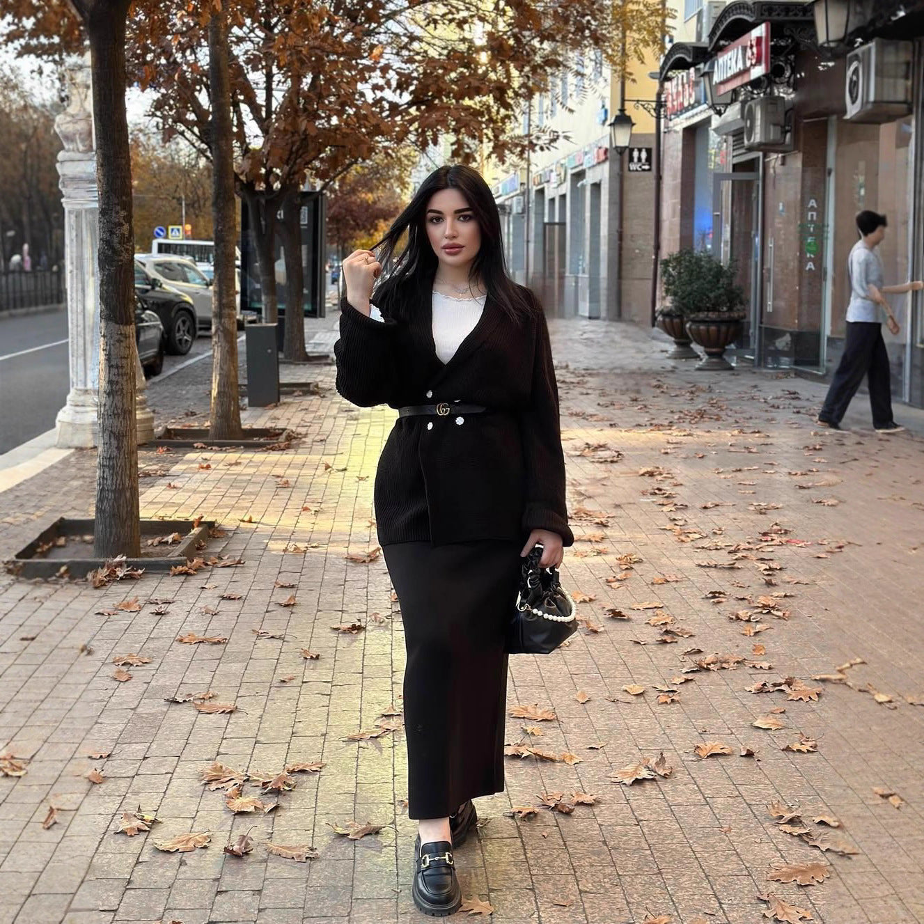 Button Sweater Jacket And Sheath Skirt Set