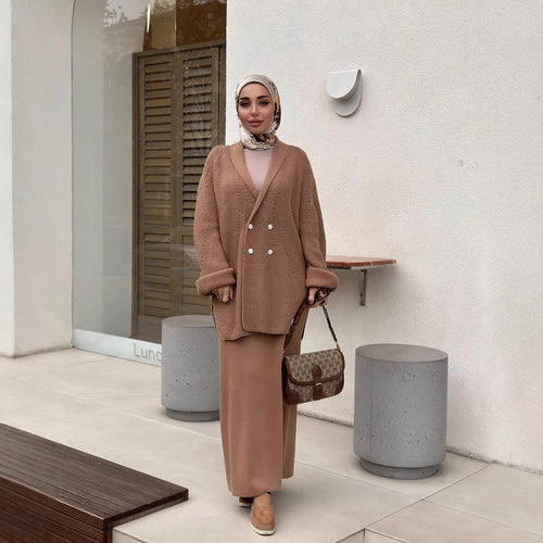 Button Sweater Jacket And Sheath Skirt Set