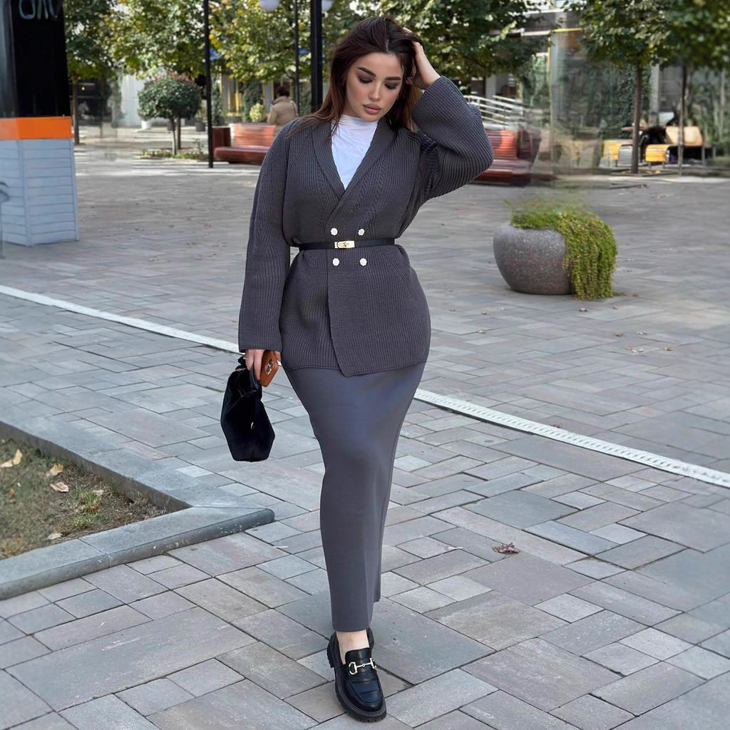 Button Sweater Jacket And Sheath Skirt Set
